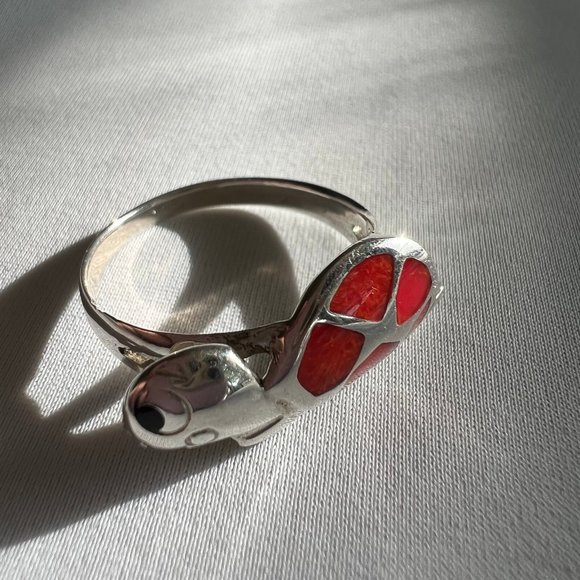 Sterling Silver Turtle Animal Red Enamel Inlay Ring Size 8 - Picture 2 of 11